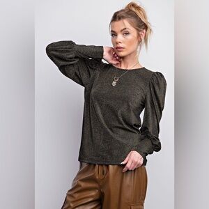 Easel Glittery Puff Sleeve Round Neck Top